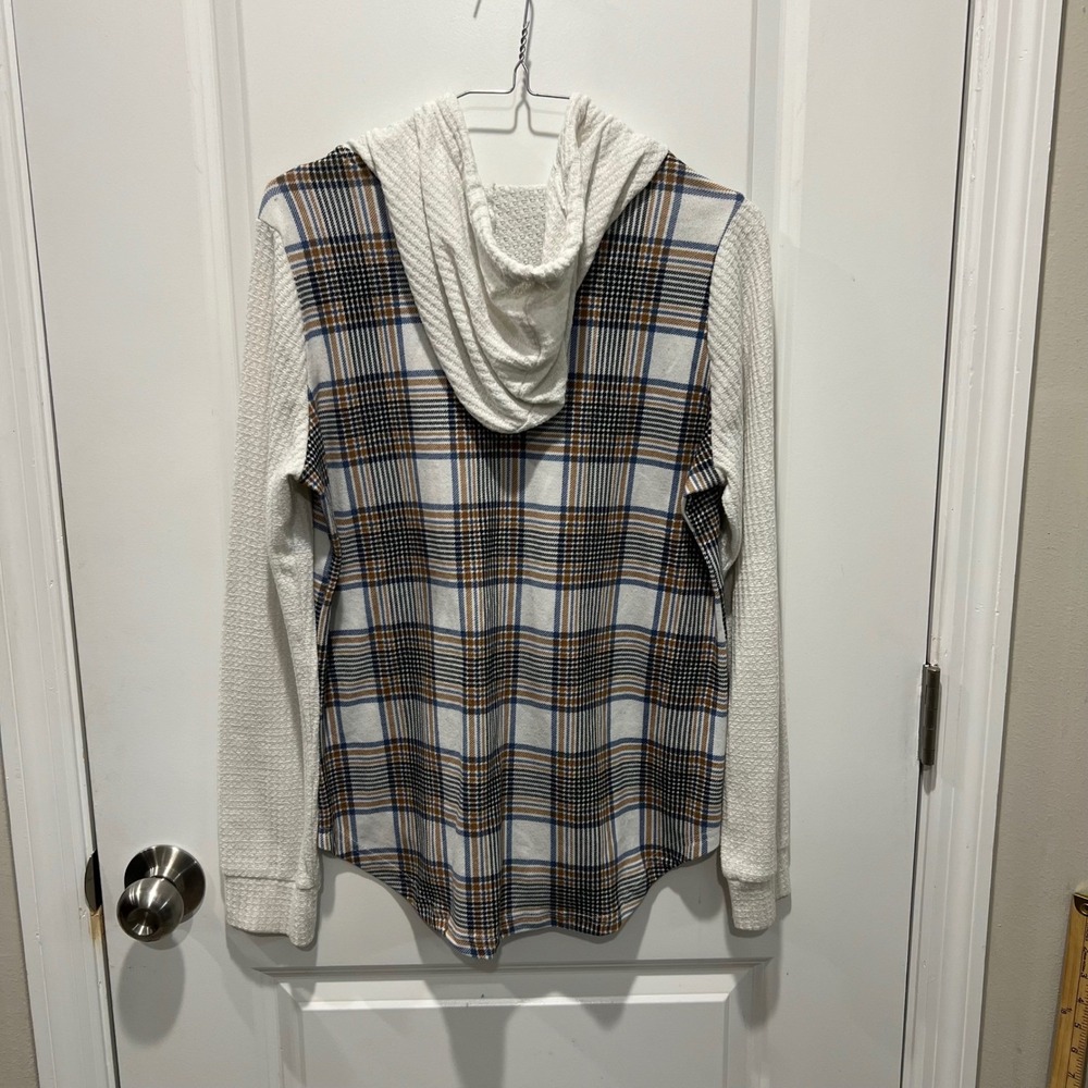 Daytrip Womens Hooded Button Down Plaid Waffle Knit Sleeve White Size M - Picture 2 of 10